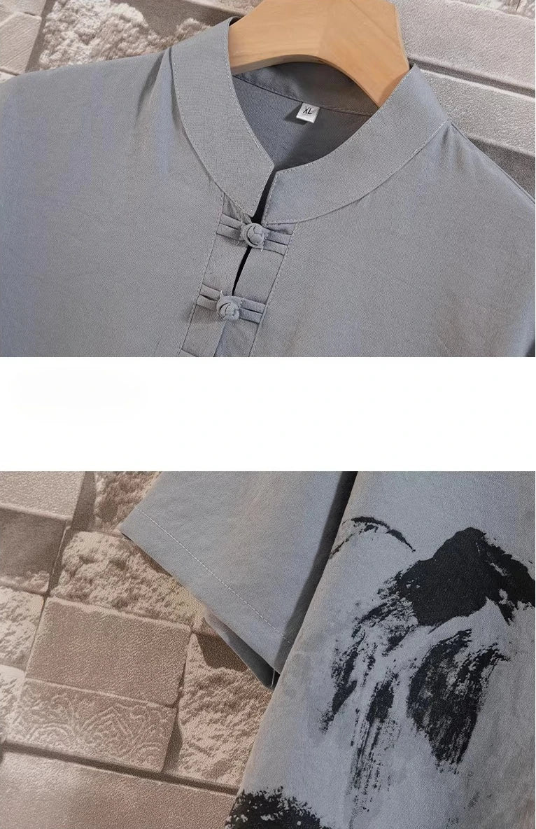 Chinese-style Men's Blue Two-piece Set: A Summer Short-sleeve Pullover Shirt Paired with Knee-length Shorts, Asian Sizes M-4XL.