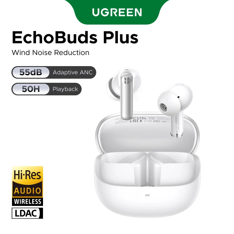 UGREEN EchoBuds Plus In-Ear Bluetooth Wireless Active Noise Cancelling Earphones 55dB Adaptive ANC, LDAC Headphones 50H Playtime