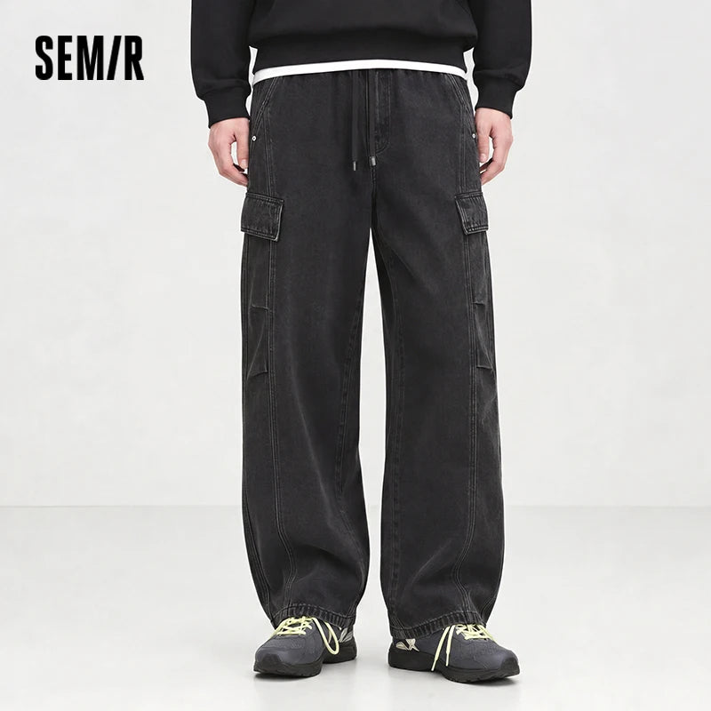 Semir Men Jeans Curved Barrel Loose Cargo Pocket Elastic Waist 2026 Autumn Denim Pants Comfortable Street Style Daily Wear