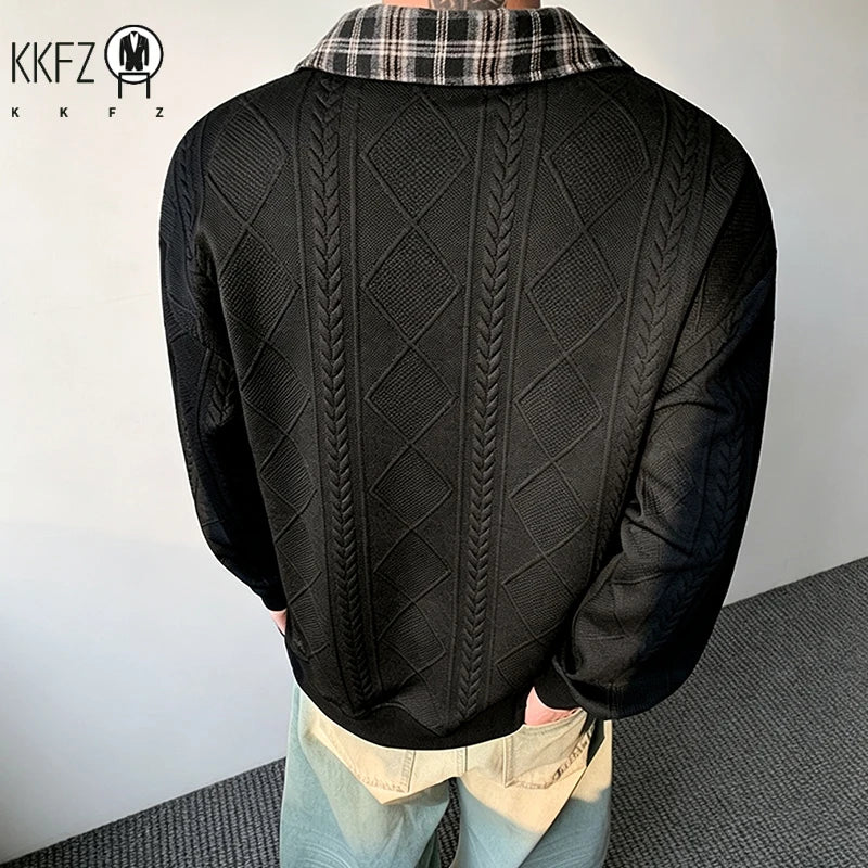Mens Plaid Lapel Collar Long Sleeve Jacquard Sweatshirt Geometric Embossed Texture Soft Handfeel Top For Autumn