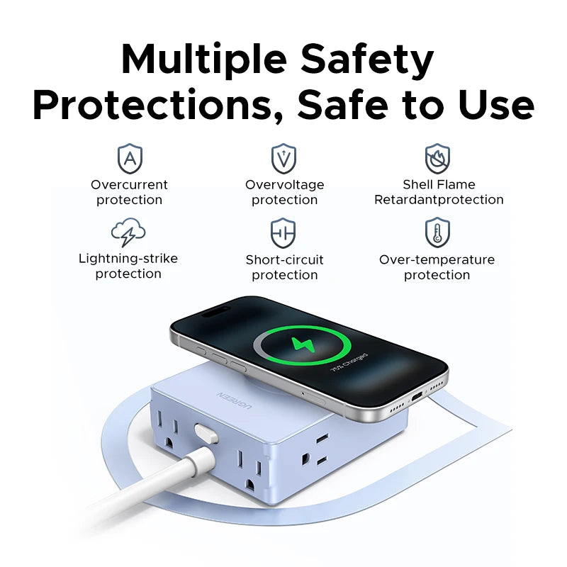 UGREEN Qi2 Certified 15W Magnetic Wireless Charger US Plug Power Strip With 2A2C&4AC Magsafe iPhone 17/16 Pro Max MacBook Pro
