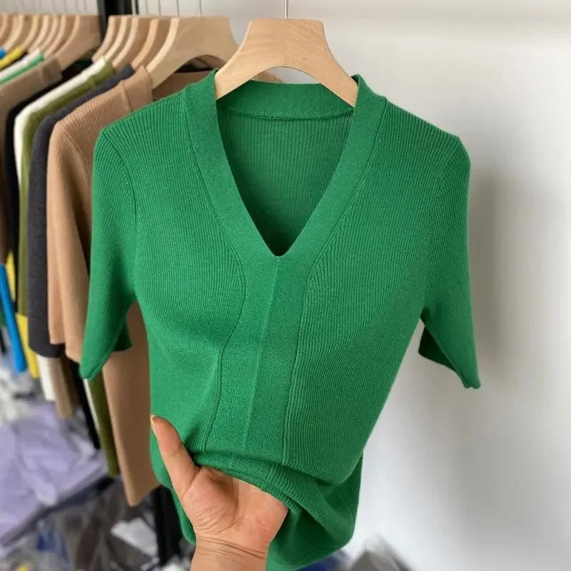 Thin Knit Tops 2026 Bottoming Shirts Women Sweater Short Sleeve V-neck Stripe Knitwears Slim Fit Shirt Korean Summer Pullovers