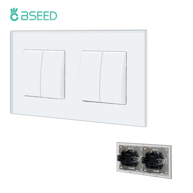 BSEED EU Standard Wall Light Switch 1/2Gang 1/2Way Toggle Switch Glass Panel White Color Wall Switch On Off 10A 250V for Stairs