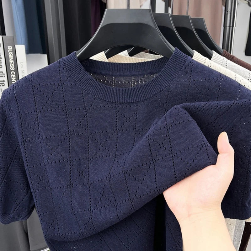 Men's Linen Blend Short Sleeve Sweater | Lightweight Breathable Hollow Out Knit | Summer Crew Neck Cool T-Shirt Top