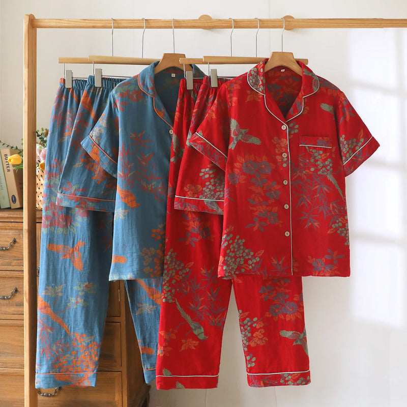 Summer Wear Female Clothing Lapel Short Sleeve Sleepwear New 3PCS Pajamas for Woman Nightwear Floral Print Homewear Pyjama Set