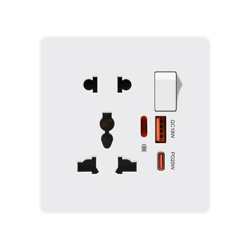 Universal 3/5Pin Smart Socket With 20W Fast Charging Type-C Port,UK Plastic Electrical Wall Double USB Power Outlet AC 110V-250V