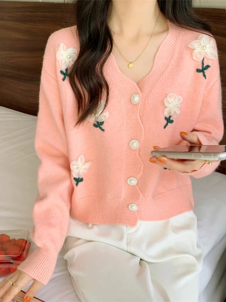 Gentle Sweet Autumn Winter Sweater Women's Flower Beaded Knitted Cardigan Long Sleeve Top Casual Warm Ladies Knitwears Coat