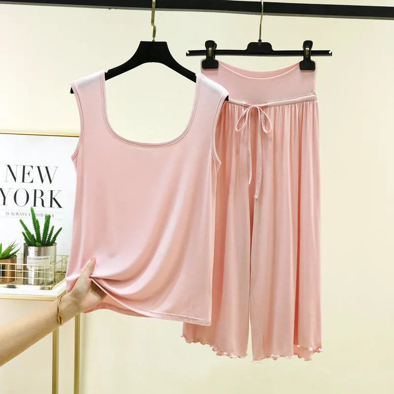 Plus Size Modal Sleepwear Home Clothes Double U-neck Vest Loose Cropped Pants Set Drawstring Lace-up Women's Pajamas M-6XL