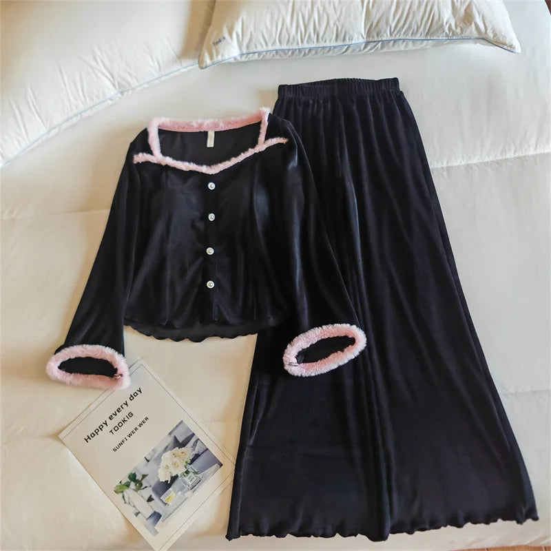 High-end Island Velvet Pajamas Woman New Fall Winter Sleepwear Warm Long Sleeve Nightwear Set Chest Pad Women‘s Home Clothes