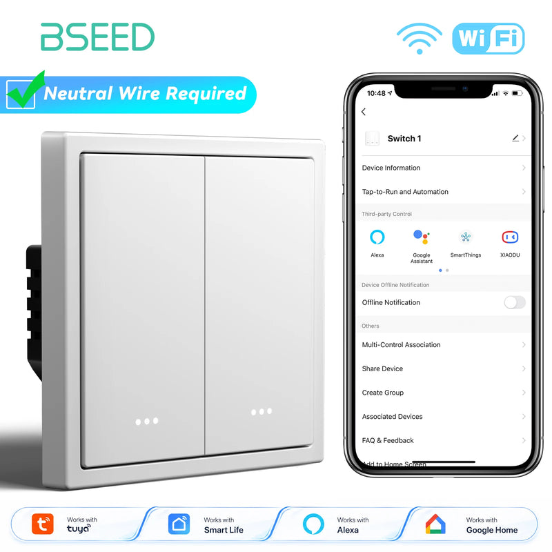 BSEED E Series WIFI Button Light Switch 1/2/3/4Gang 2Way Smart Click Button Switch Plastic Frame Tuya Smart Life Alexa Control