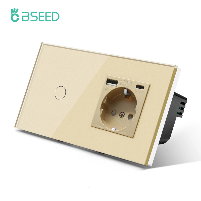 BSEED 1Gang Touch Screen Light Switches LED Backlight Wall Switches With Socket USB Type-C Charge Port Glass Panel Max.Load 300W