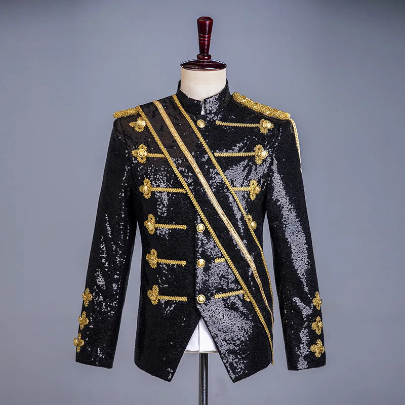 Men's Black Stand-up Collar Jacket in A Court-style Design with Gold Buttons; Ideal for Nightclubs, DJs, Stage Performances.