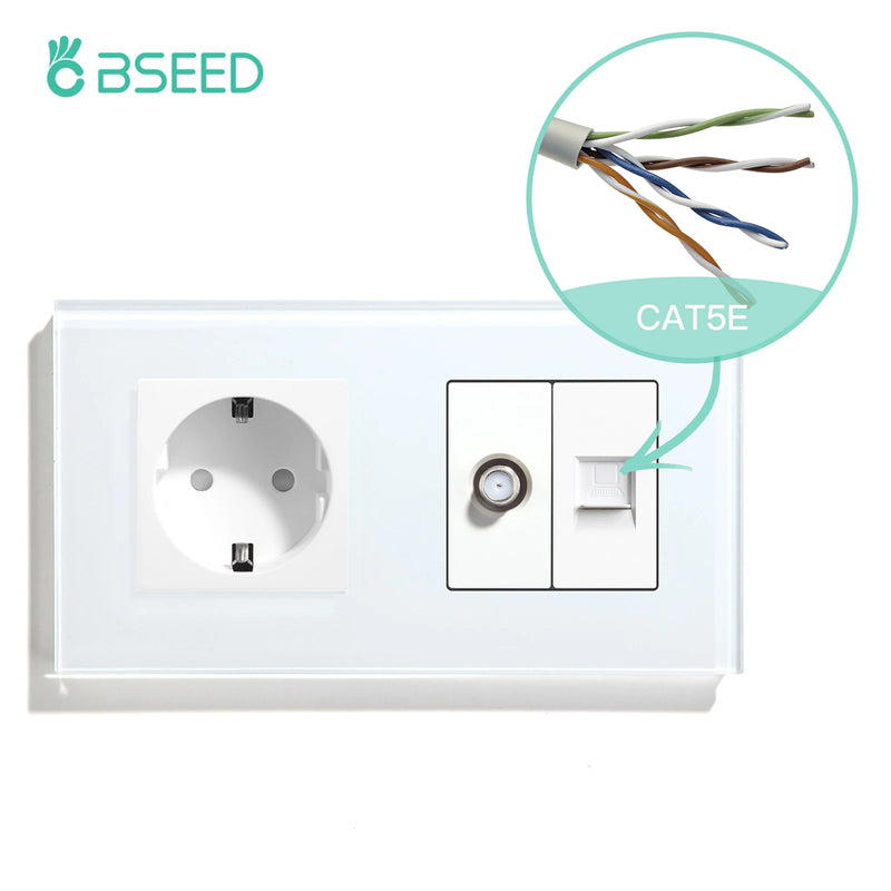 BSEED Double EU Standard Wall Plug 16A 100-250V With CAT5 Computer Network Power Sockt Satellite Antenna Outlet 157*86mm
