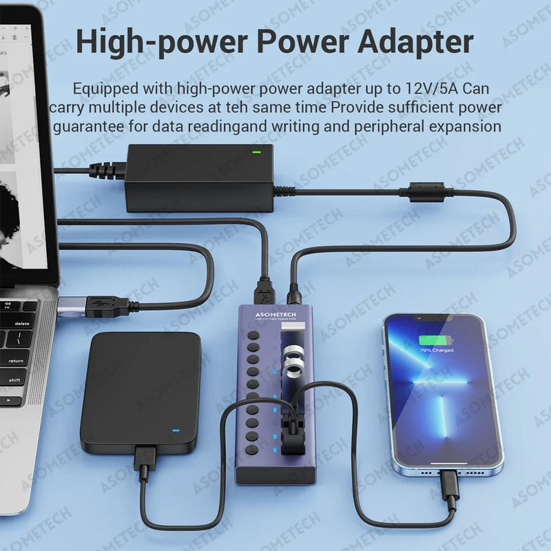 រន្ធ USB 3.0 ចំនួន 4/7/10 រន្ធ ឧបករណ៍បំបែកថាមពលច្រើនប្រភេទ ឧបករណ៍បំលែងថាមពល 12V ជាមួយកុងតាក់បើក/បិទ ឧបករណ៍បំបែក USB មជ្ឈមណ្ឌលល្បឿនលឿនសម្រាប់កុំព្យូទ័រយួរដៃ MacBook