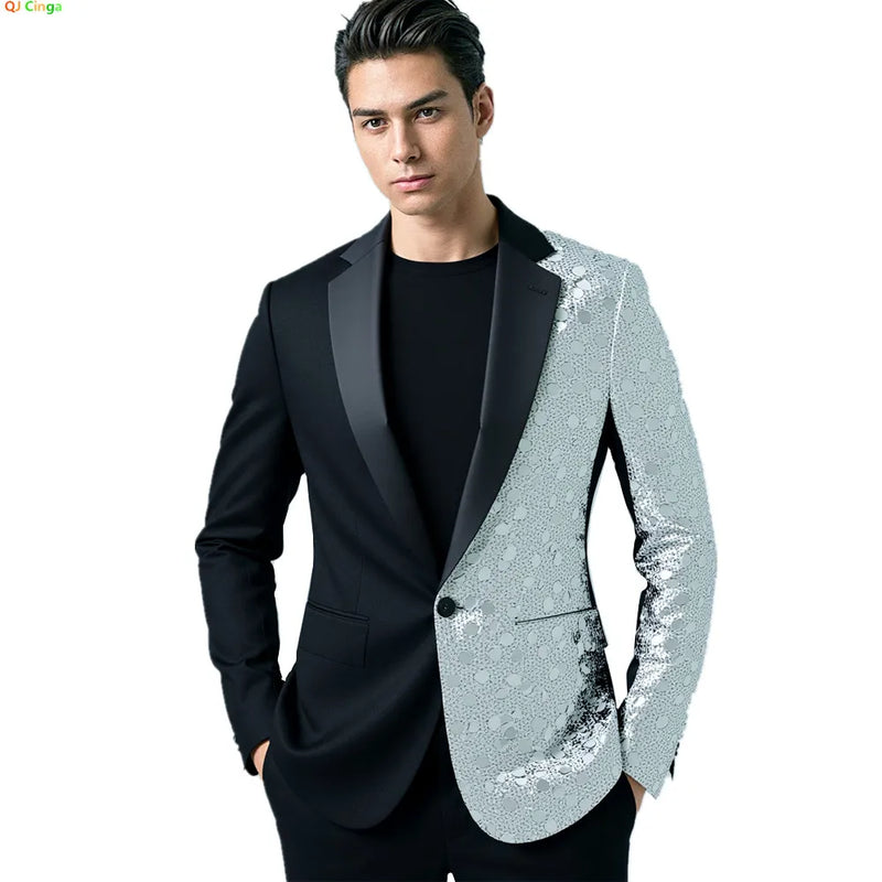 ‌2026 New Men's Black Tuxedo Jacket with Silver Sequins for Party & Formal Occasions‌