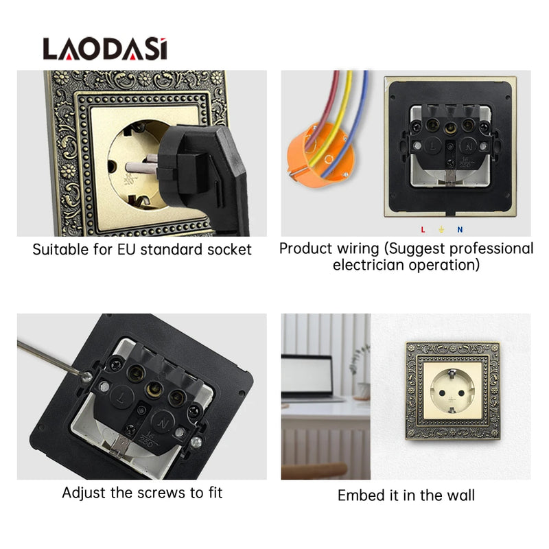 Deopoguye Vintage EU FR UK Light Switch Socket,Europe Standard Metal Zinc Alloy Push 1/2/3Gang Switch Panel for Home Improvement