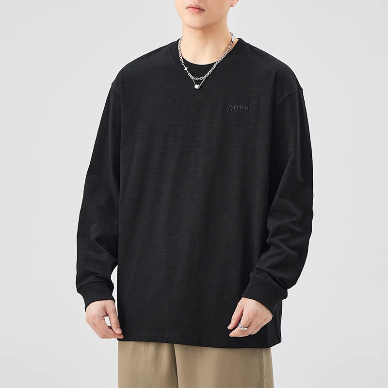 DUKEEN Heavyweight Slub Cotton Long Sleeve T-Shirt for Men Spring and Autumn Pure Cotton Crew-Neck Embroidered Tops Oversize
