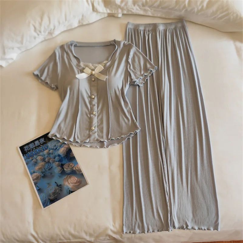 Summer Pajamas For Women New Elegant Modal Sleepwear Set Korean Bow Short Sleeve Trousers Sets Chest Pad Nightwear Home Suit