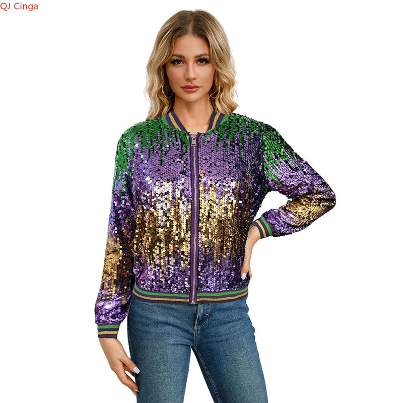 2026 New Women's Red-Purple Long-Sleeve Jacket, Round Sequin Embellishment Coat, Stage/Party Performance Top.