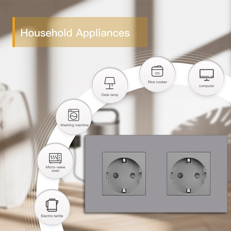 BSEED EU Wall Sockets Single Power Outlets Gray Double Frame Sockets Plastic Panel Triple Power Plugs Kids Protection 16A