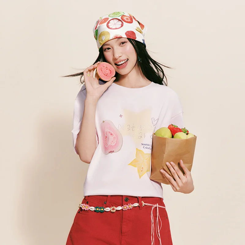 Semir Women Tshirt Cotton Hot Drilled Fruit Pattern Midi Length Loose Pullover Lazy Sweet 2026 Summer Casual Top