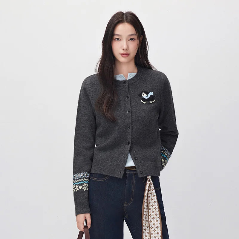 Semir Women Knit Cardigan Cropped Dog Graphic Geometric Jacquard Crew Neck 2026 New Winter Daily Wear Urban Casual Style