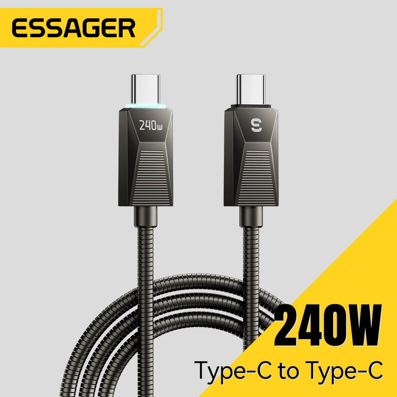 ខ្សែសាក Essager 240W Super Fast Charge Type-C ខ្សែសាកដែកអ៊ីណុក 100W សាកលឿន 5A សម្រាប់ Macbook iPad iPhone 16 15 Pro Ma