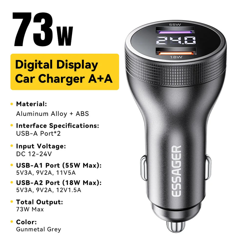 Essager 100W USB C Car Charger PD3.0 Fast Charging Quick Charge 4.0 Adapter for iPhone 16 MacBook Xiaomi Laptop Digital Dispaly
