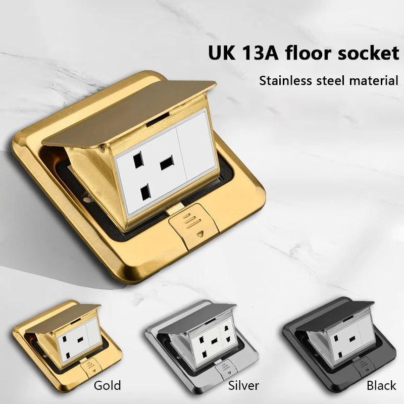 UK Standard 13A floor waterproof socket,British Kitchen Bedroom indoor Waterproof outlet hidden computer Stainless Steel plug