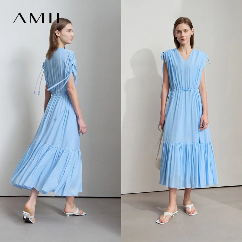 រ៉ូបនារី Amii រចនាបថសាមញ្ញសម្រាប់រដូវក្តៅថ្មី ស្ទីលរលុងវែង ដៃអាវគ្មានដៃ ក V រាងមូល មានខ្សែចង 12542117