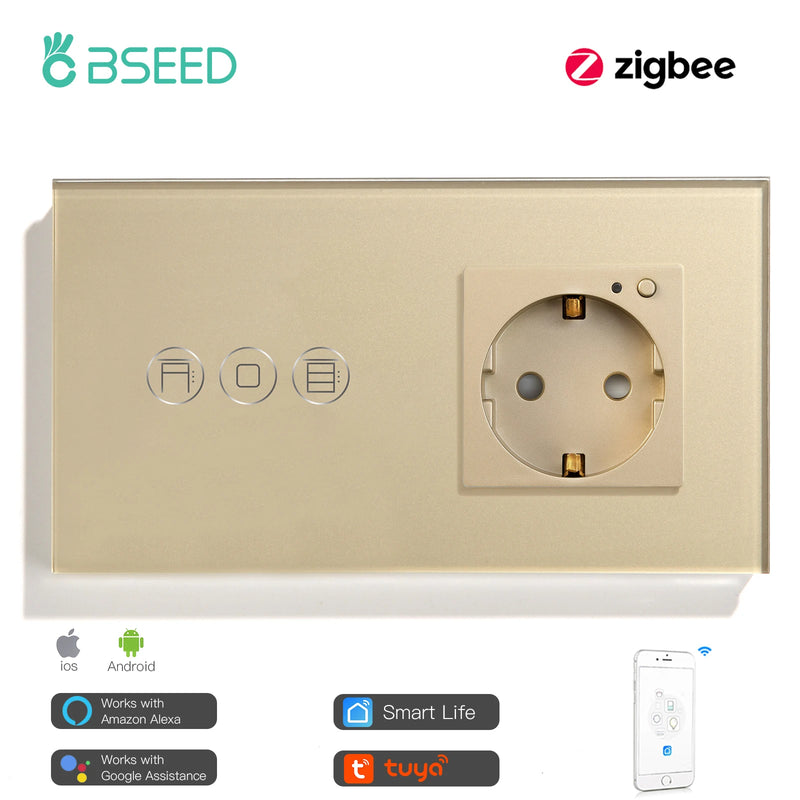 BSEED Tuya Zigbee Shutter Touch Switch For Electric Motor Roller Shutter Plus Zigbee Smart Socket Google Home Alexa App Control