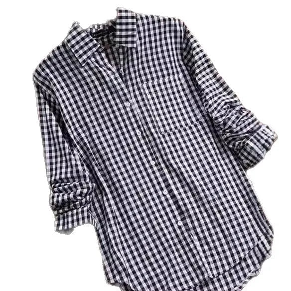 2027 New Women's Long-Sleeve Checkered Shirt, Available in Black, Gray, Blue, Red, and Pink.