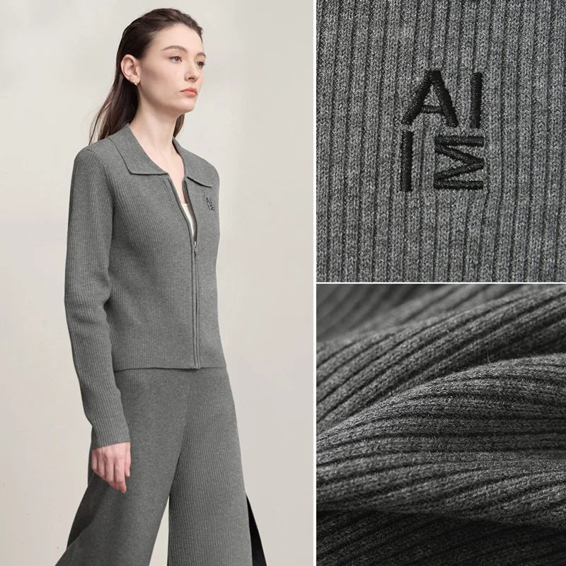 AMII Cardigan for Women 2026 Autumn New Minimalist Commuter Embroidery Versatile Slim Knitting Casual Wide-leg Trousers 12543128