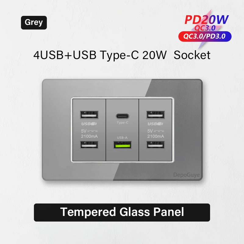 Type 118 White Black Grey Tempered Glass Wall Socket Panel 6 Charging port Triple USB Type C Wall Plug 3.1A 5V Outlet 118*75mm