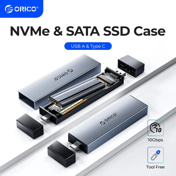 ORICO Aluminum 2 in 1 USB A Type-C Dual Interface M.2 SSD Case Support M2 NVMe M Key SATA NGFF M&B Key SSD Hard Disk Tool Free