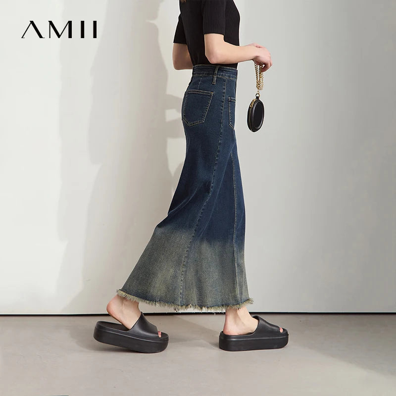 AMII Elegant Summer Skirts for Women 2026 Midi Straight Elastic Clothing Woman Fashion Gradient Denim Long Skirt Female 12552061
