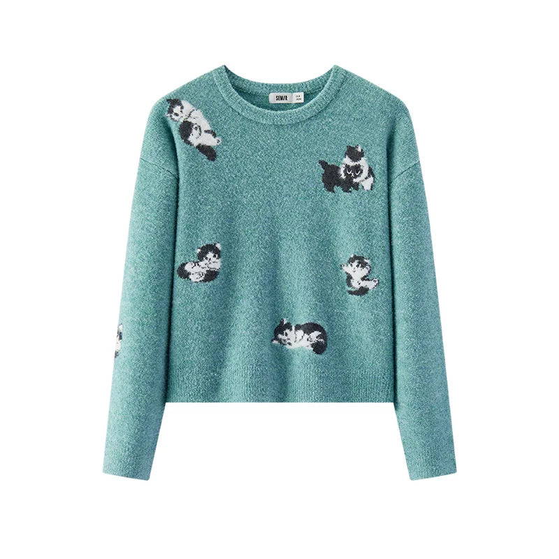 Semir Women Sweater Cat Graphic Drop Shoulder Petite Fit 2026 Winter Warm Knit Everyday Style Soft Touch Layering Wear