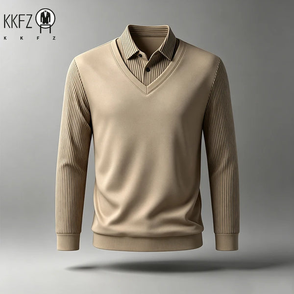 Men Fake Two Piece Long Sleeve Top V Neck Ribbed Sleeve Shirt Collar For Business Office Daily Commute Casual Outfits