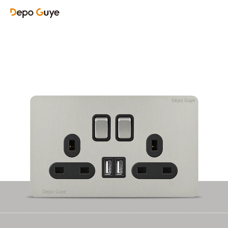 146 Type Retro Metal Panel UK 13A Wall Socket,Bronzed Stainless Steel Power Universal 3-pin Dual Power Socket With USB C charge