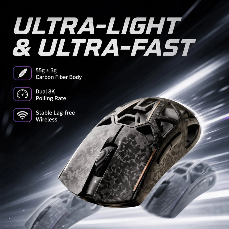 Akko Echo Master Ultra Gaming Wireless Mouse Carbon Fiber PAW3955 PAW3950 8K Polling Rate 65000DPI 55g Lightweight Esports Mouse