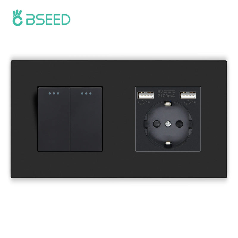 BSEED Mechanical Button Switches With Power Socket 1/2/3Gang 1Way Plastic Panel Electrical Outlets USB Type-C Wall Socket 16A