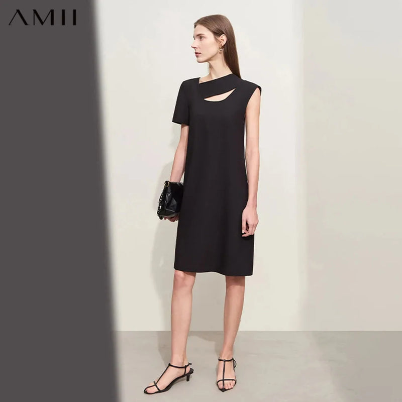 រ៉ូប Amii Minimalism ដៃខ្លីសម្រាប់ស្ត្រីឆ្នាំ ២០២៦ រដូវក្តៅថ្មី Asymmetric Straight Solid Chic រ៉ូបខ្លី A-Line ស្រី 12442073