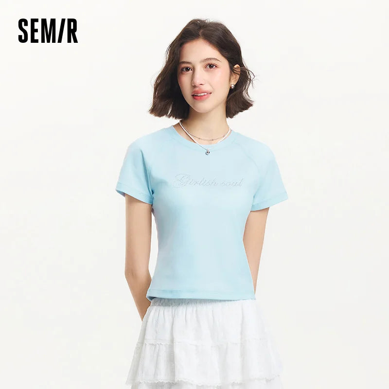 Semir Letter Print Short Sleeve T-Shirt Women Raglan Sleeve Rhinestone Design 2025 Summer Fashion Elegant Top for Party Wear