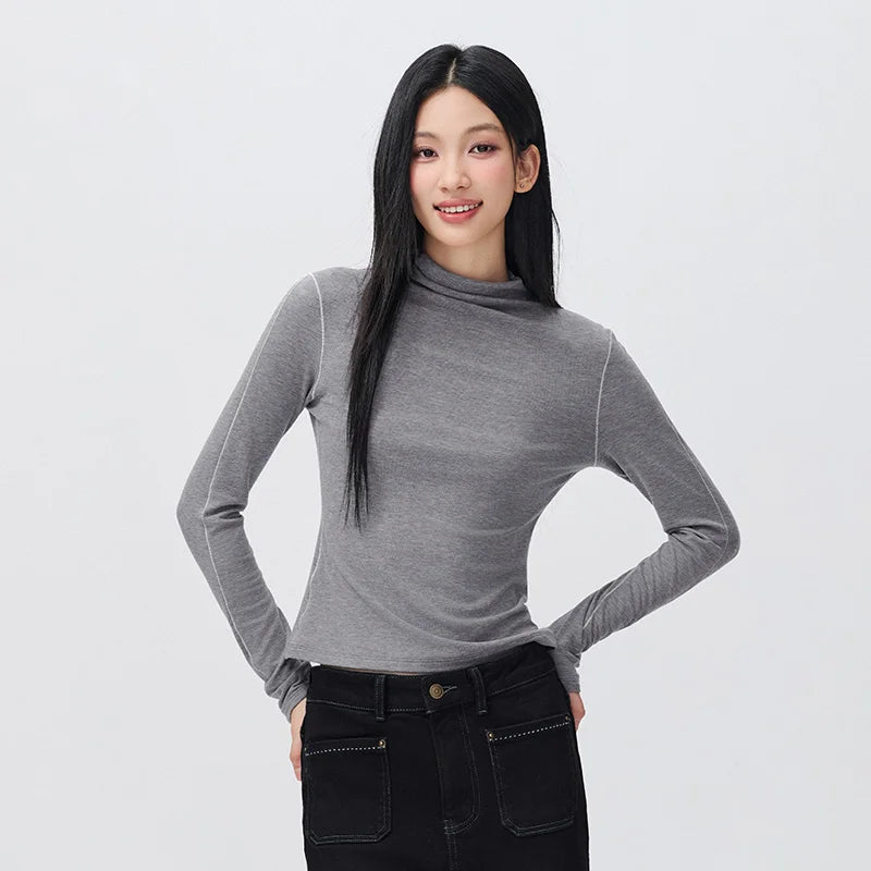 Semir Women Knit Tshirt Thermal Warmth Mock Neck Regular Shoulder Slim Fit Versatile 2026 New Winter Daily Wear