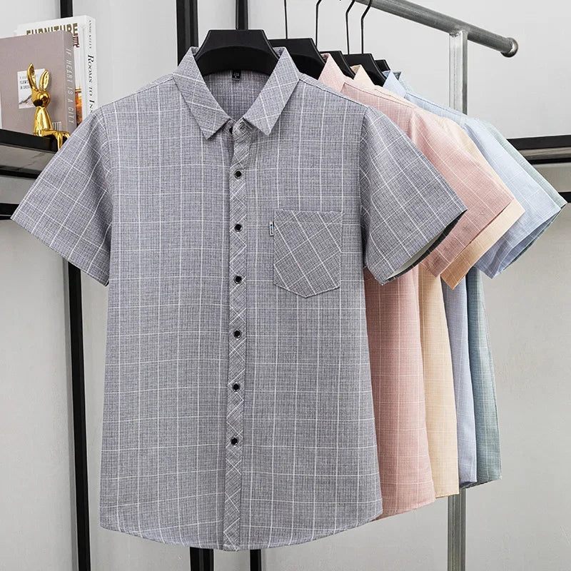 Mens Regular Fit Plaid Pattern Short Sleeve Shirt Turn Down Collar Tops For Men Daily Office And Work