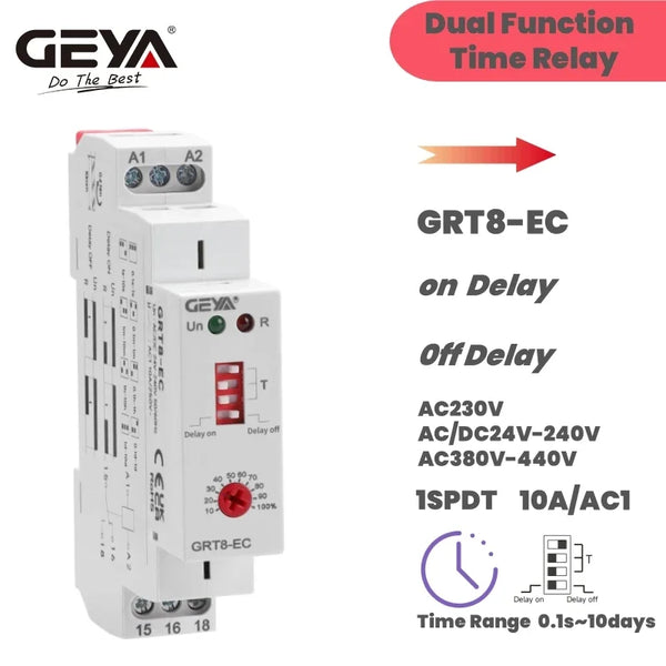 រេឡេកំណត់ពេលវេលា GEYA GRT8-EC 10A មុខងារពីរ រេឡេពន្យាពេលបើក ឬបិទ រេឡេពន្យាពេល AC220V AC380V ACDC24V-240V រេឡេកំណត់ពេលវេលា CE CB ROHS