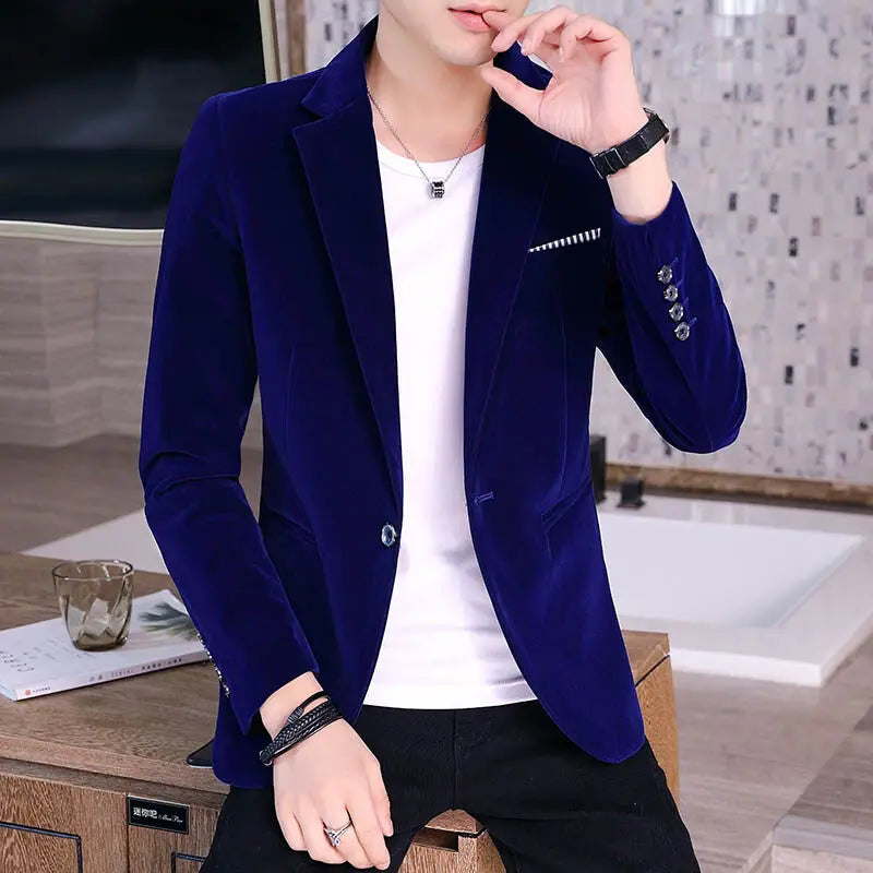 Men's Blue Long Sleeve Blazer Jacket, Business Casual Corduroy Fabric Coats, Korean Slim Style Suit Jackets, Asian Size M-5XL