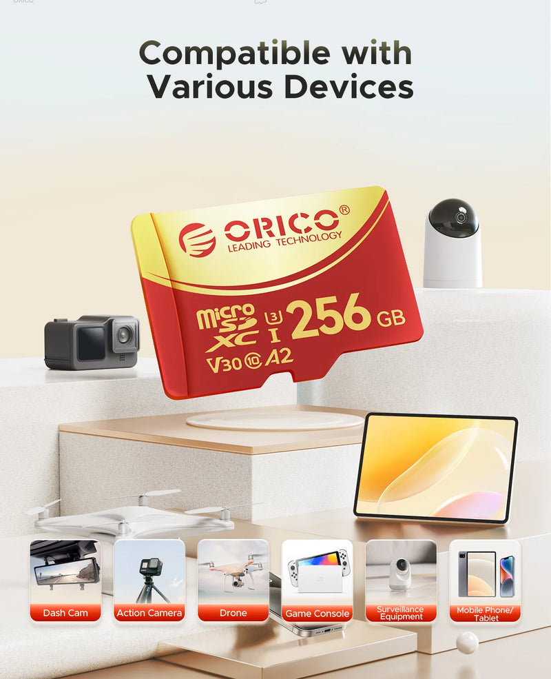 ORICO 256GB Micro SD microSDXC R/W Up to180MB/s Full HD and 4K UHD C10, U3, V30, 4K, A2 for Camera Drone Dash Cam
