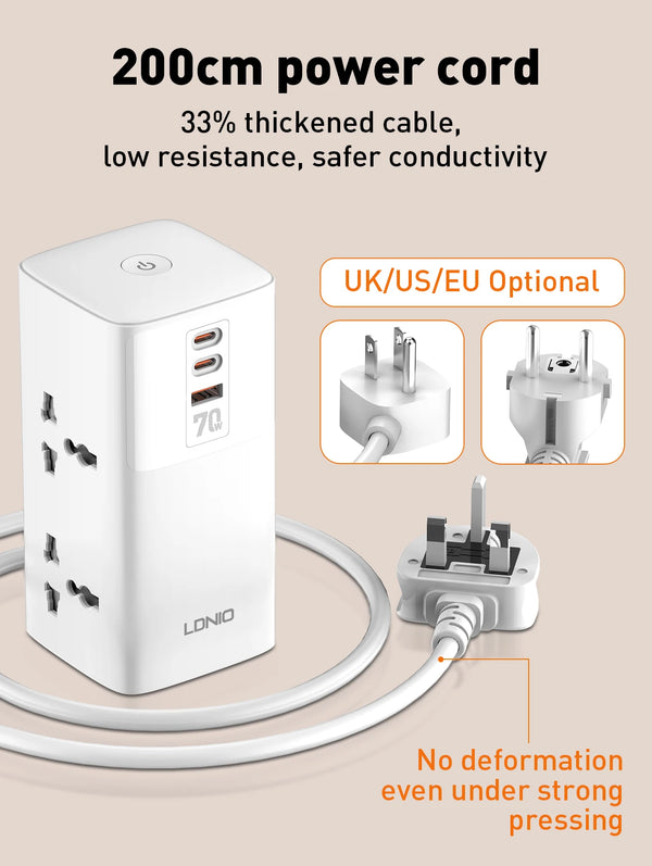 រន្ធដោតភ្លើង LDNIO 7 in 1 2500W Tower Power Socket 70W ស្ថានីយសាកថ្ម USB រន្ធដោតភ្លើង 2 រន្ធ USB-C 2 រន្ធ USB-A ខ្សែបន្ថែម