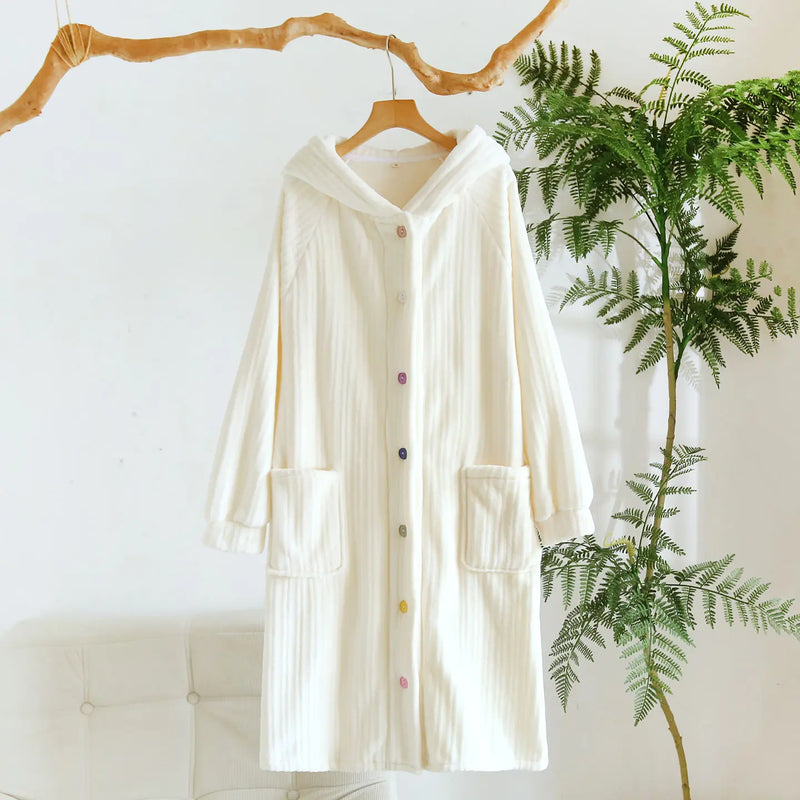 Flannel Thickened Robes for Woman New Winter Sleepwear Solid Color Hooded Bathrobe Women's Sleep Dressing Gowns Soft Homewear